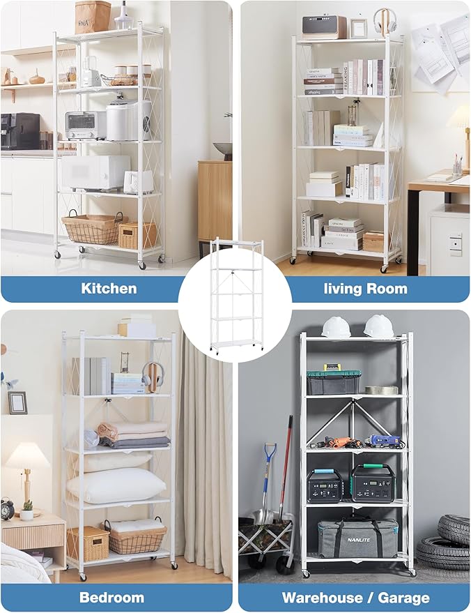 ALANNG 70.7" H Metal Storage Shelves, 5 Tier Folding Shelf on Wheels, Heavy Duty, No Assembly, Rolling, Collapsible Rack Unit for Kitchen, Basement, Pantry (White,3 Pack)