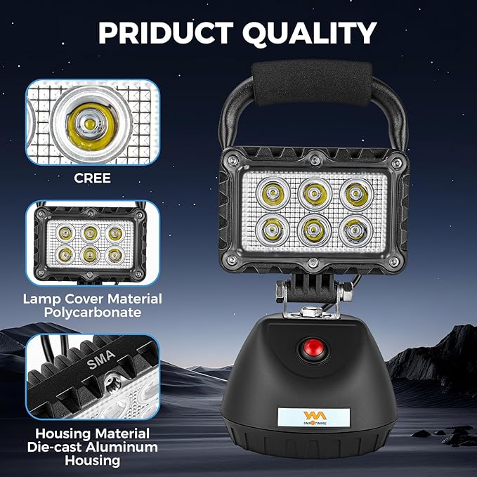LED 18W Work Light 2400LM Aluminum Alloy Strong Magnetic Waterproof Dustproof Portable Handle Floodlight Suitable for Repair Workshop Garage Construction Site (Black)