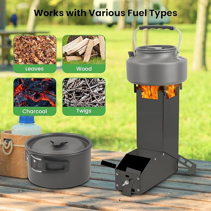 Portable Rocket Stove Camping Stove - GEEKHOM Mini Stainless Steel Folding Wood Burning Stove w/Storage Bag & Gloves, High-Efficiency for Camping, Hunting, Fishing, Picnic, BBQ
