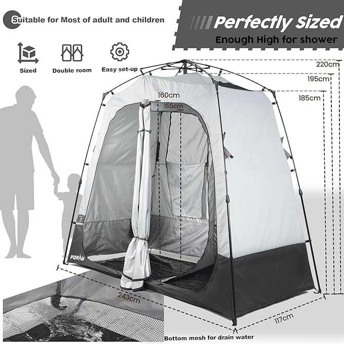 Camping Shower Tent Deluxe Changing Room Easy Set Up Privacy Shelter,Large Toilet Tent with Floor Drain Design for Beach, Camping,Hiking with Stakes and Ropes for Stability