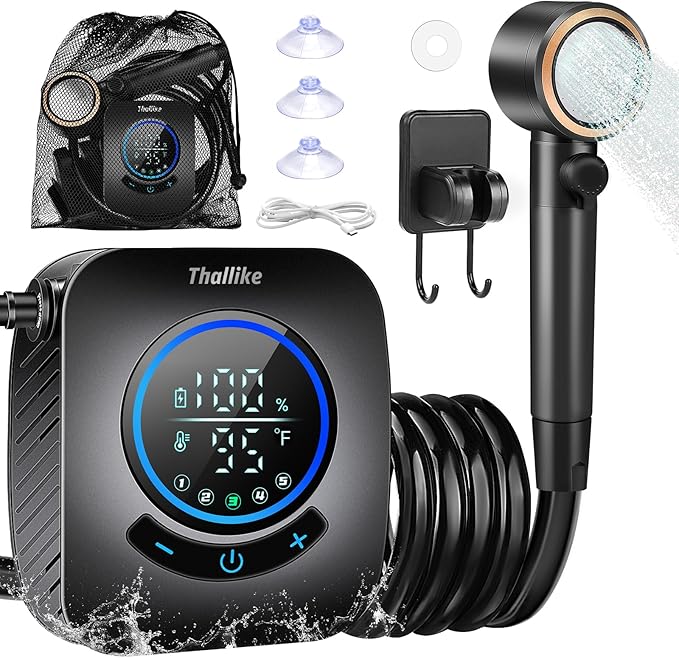 Upgraded Portable Shower with Heater, 1500W Immersion Heated, 8000mAh Rechargeable Camping Shower Pump with LED Display, IPX8 Waterproof Lightweight Outdoor Shower Pump Kit for Hiking, Travel, Car