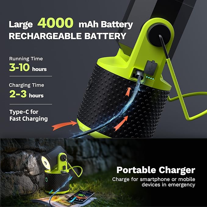 CLAKAP LED Camping Lantern, 3000Lumens Rechargeable 180°Rotatable Flashlight Lantern, Portable Camping Light with 4000mAh Phone Charger, IPX4 Waterproof Emergency Light for Power Outages Hurricane