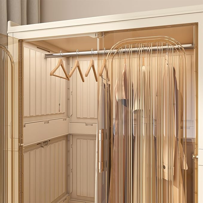 Portable Wardrobe Closet Storage Organizer, Plastic Collapsible Closet Organizer with Transparent Magnetic Door, for Living Room Bedroom,Easy Assemble,16 Cubes & 1 Hanging Rod