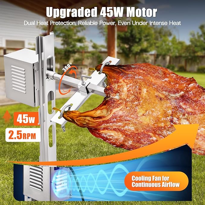 Jocisland Electric BBQ Rotisserie Grill Kit, 42" 132 Lbs Capacity, 45W Motor, Height-Adjustable Stainless Steel Pig Lamb Charcoal Rotisserie Roaster with Lockable Wheels for Camping Outdoor