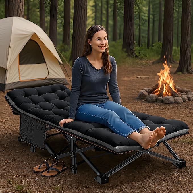 ABORON Folding Camping Cot W/Mat for Adults, Heavy Duty Outdoor Bed with Carry Bag,1200 D Layer Oxford Travel Camp Cots (Black Cot with Black Cotton Pad)