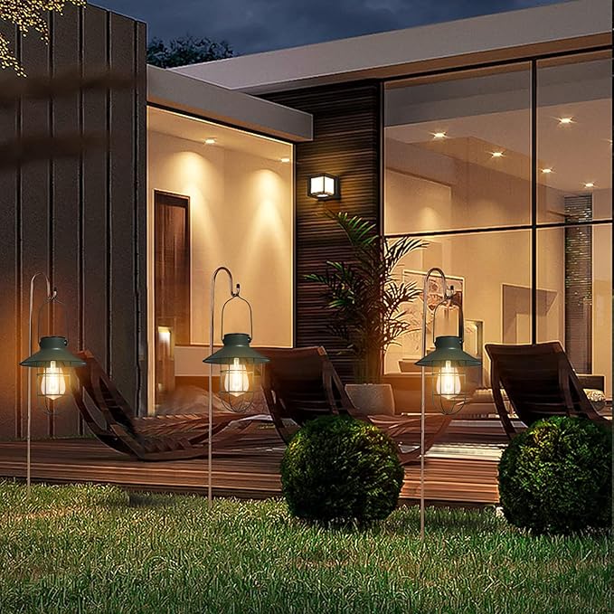 pearlstar Solar Lanterns Outdoor Metal Solar Powered Hanging Lights Waterproof for Wall Barn Yard Garden Patio Garage Balcony Porch Fence Decor, Warm White Edison Bulb (Green-2pack)