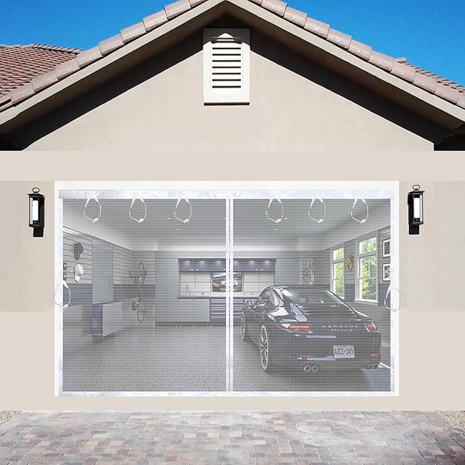 Garage Magnetic Door Screen 16x7FT White, Garage/Patio/Porch/Balcony Screen Door Mesh 16x7 FT, Upgraded Fiberglass Stronger Than PET and Polyester, Heavy Duty Weighted Bottom & Magnetic Closure