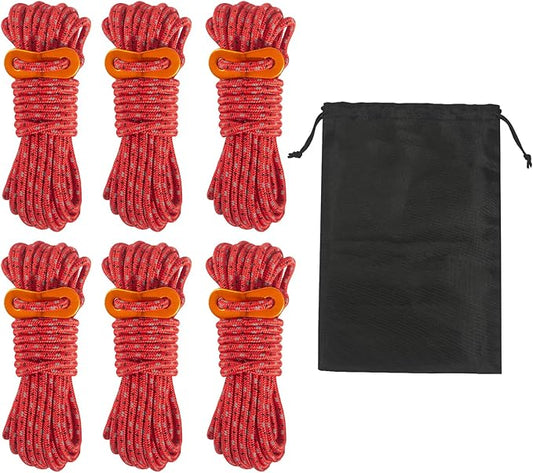 16.4ft 6 Pack 4mm Guy Lines Ultralight Tent Cords with Aluminum Adjuster Tensioner Outdoor Camping Guylines Ropes for Tent Tarp,Climbing,Hiking Backpacking (Red)