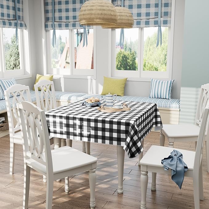 misaya Square Waterproof Vinyl Table Cloth, Buffalo Flannel Backed Tablecloth, Wipeable Plastic Table Cover for Dinner, Kitchen, Outdoor (54" x 54", Black and White)
