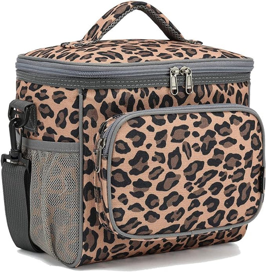 FlowFly Insulated Reusable Lunch Bag Adult Large Lunch Box for Women and Men with Adjustable Shoulder Strap,Front Zipper Pocket and Dual Large Mesh Side Pockets,Leopard