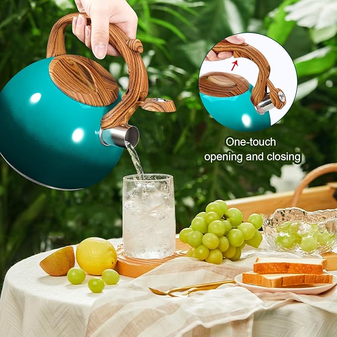 GGC Tea Kettle for Stove Top, 3.1QT/3L Whistling Tea Kettles for Boiling Water Coffee or Milk, Gradient Green Tea Pot with Wood Parttern Handle, Stainless Steel Tea Pot for Home and Kitchen