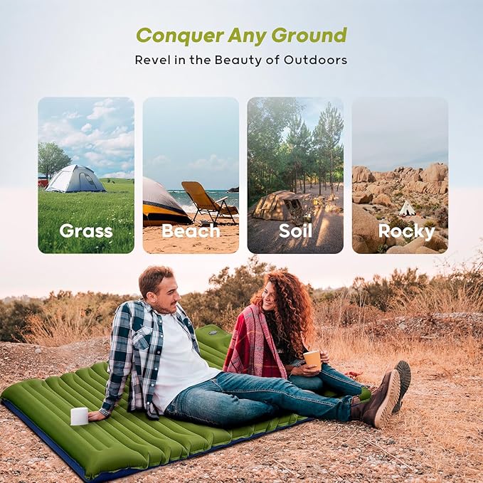 4 Inch Thick Double Sleeping Pad for Camping, with Foot Pump and Pillow, Lightweight Camping Mattress 2 Person for Outdoors, Backpacking, Hiking