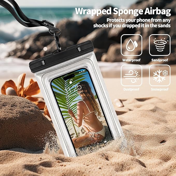 Floating Waterproof Phone Pouch, IPX68 Waterproof Phone Case with Lanyard for iPhone 16 15 14 13 Pro Max Samsung S25 S24 S23 S22, Up to 7", Beach Vacation Essentials, Glitter Silver