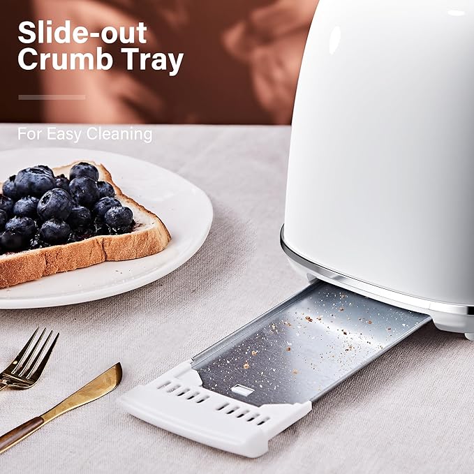 Roter Mond 2 Slice Toaster Retro Stainless Steel with Bagel, Cancel, and Defrost Functions, 6 Bread Shade Settings, Extra Wide Slots and Removable Crumb Tray, White