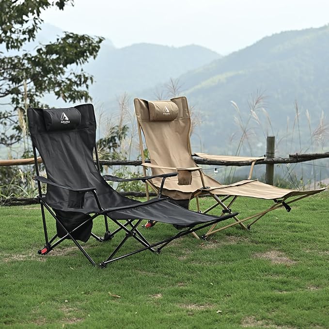 2-in-1 Reclining Camping Chair, Portable Folding Beach Lounge Chair with Footrest & Adjustable Backrest, Comfortable Lawn Chair for Adults Heavy Duty with Cup Holder for Outdoor Poolside Sports