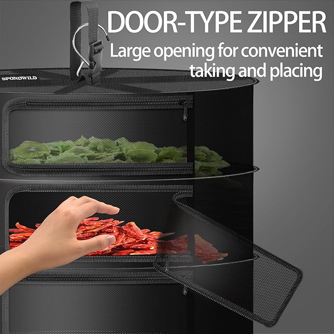 Herb Drying Rack Hanging Mesh Net，6+1 Layer Plant Drying Rack with Door-Type Zipper & Closed Storage Compartment for Folding Basket Dryer Fit in Grow Tents、Garden Outdoor