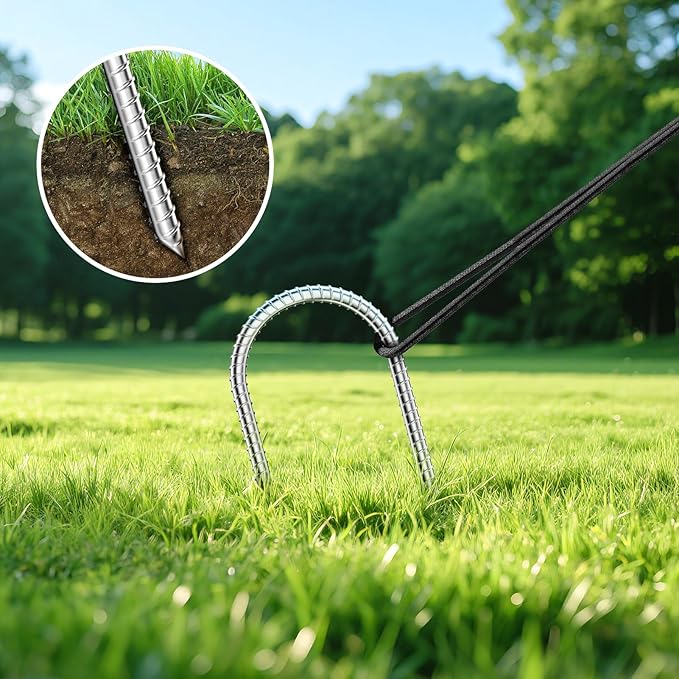 12 Inch Tent Stakes - Durable Galvanized Carbon Steel Trampoline Stakes, Garden Stakes with Thread Design for Enhanced Grip, Rebar Stakes for Beach, Outdoor, Grass, Garden (6 Pack)