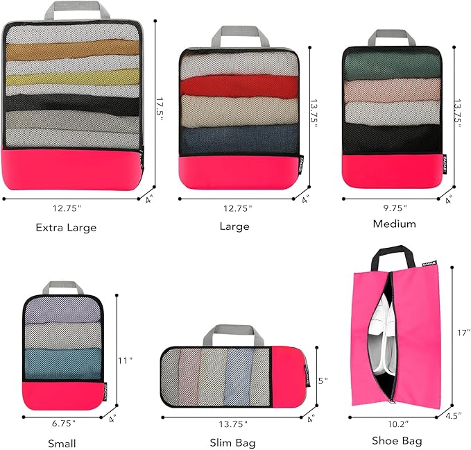 BAGAIL 4 Set/6 Set/8 Set Compression Packing Cubes Travel Accessories Expandable Packing Organizers (Half Mesh, 6-Fuchsia)