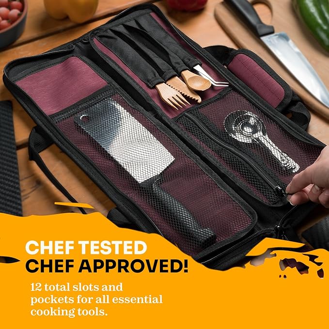 Asaya Chef Knife Roll Bag - 12 Pockets for Knives and Kitchen Utensils - Lightweight, Durable, and Stain Resistant Nylon - Perfect for the Traveling Chef - Knives not Included (Red)
