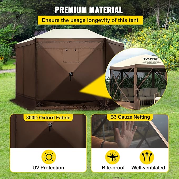 VEVOR Pop Up Gazebo Screen Tent, Pop-Up Instant Gazebo Tents with Mosquito Netting Outdoor Canopy, 6 Sided Sun Shelter 10x10ft with 6 Removable Wind Cloths & 2 Mesh Windows, Pavilion Tent for Patio