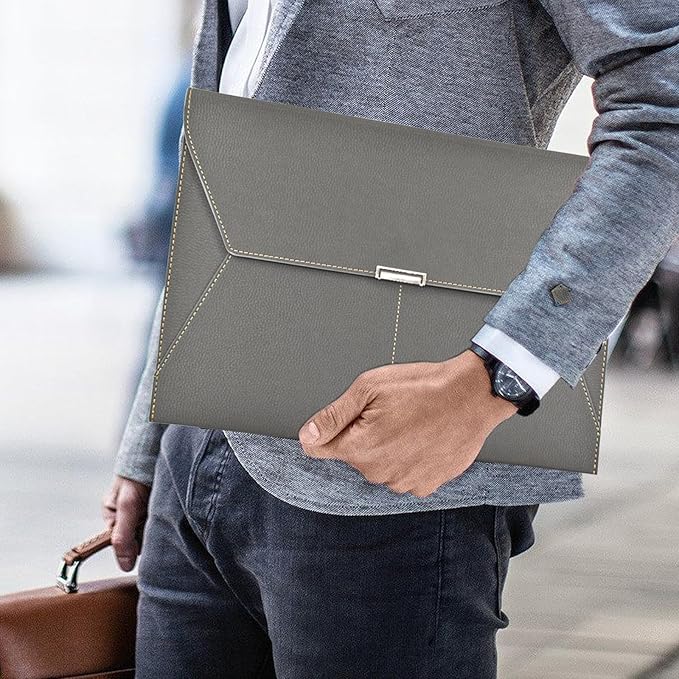 VANRA File Folder Document Holder Organizer Waterproof Portfolio Leather Folder Case with 3 Pockets, Filing Envelopes for A4 Letter Size Paper with Snap Magnetic Button Closure (Gray)