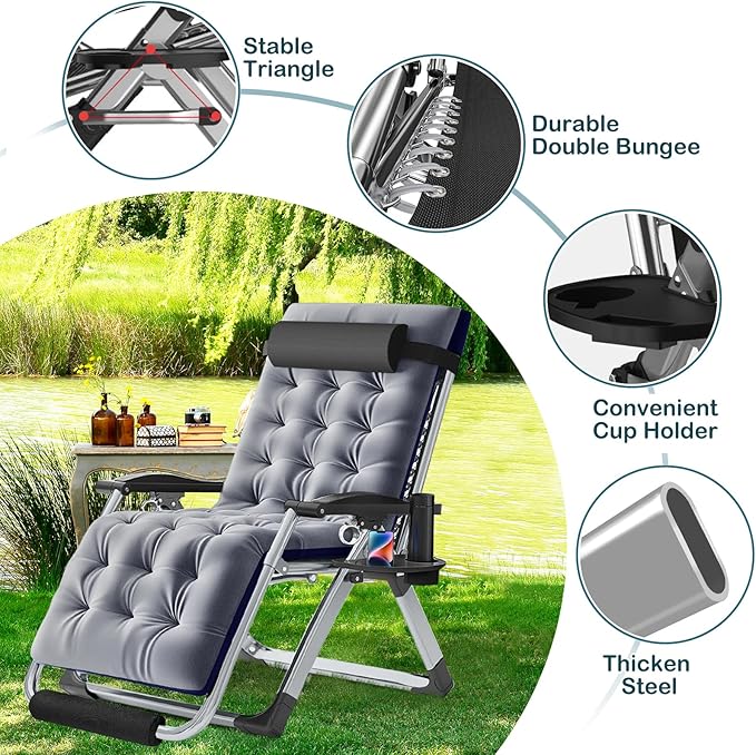 NAIZEA Widened Zero Gravity Chair 29" XL,Oversized Outdoor Lounge Chairs, Folding Reclining Camping Chairs with Cup Holder, Ergonomic Patio Lawn Chair for Balcony Beach Deck Yard