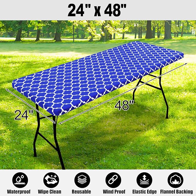 Smiry Rectangle Picnic Table Cover, Waterproof Elastic Fitted Camping Tablecloths for 4 Foot Tables, Wipeable Flannel Backed Vinyl Tablecloth Protector for Indoor, Outdoor (Blue, 24x48 Inches)