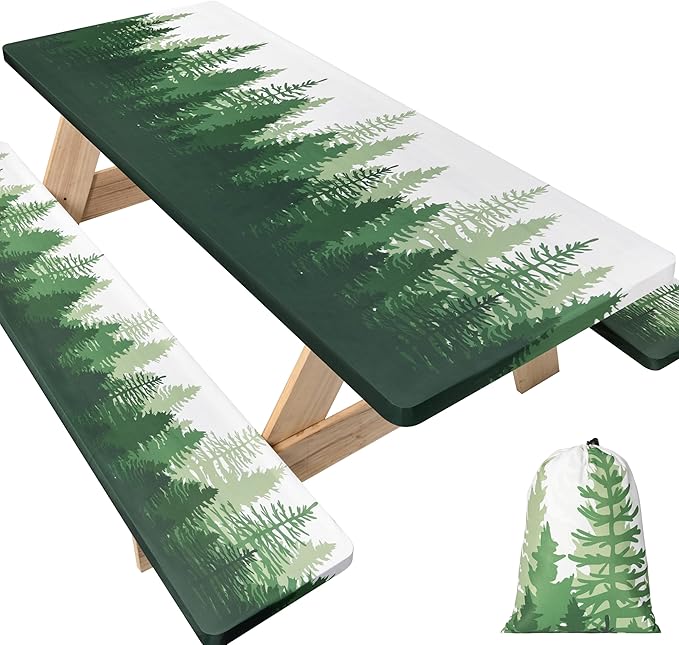 72 X 30 Inch Elastic Fitted Camping Table Cover with Bench Covers & Storage Bag, Picnic Tablecloth, Fits 6ft Picnic Tables,Washable & Reusable, Spill Resistant, Waterproof - Green Pines
