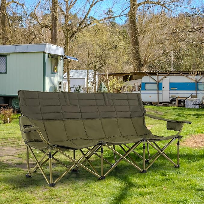 Tangkula 3 Person Oversized Camping Chair, Fully Padded Folding Camp Chair with Adjustable Armrests, Cup Holders, Carrying Bag, Portable Outdoor Lawn Chair for Camping, Support 900LBS