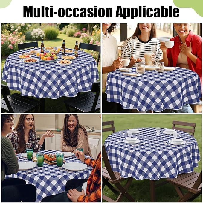 Smiry Round Plastic Table Cloth, Waterproof Vinyl Tablecloth with Flannel Backing, Wipeable Buffalo Plaid Table Cover for Dining, Indoor and Outdoor (Navy & White, 60" Round)