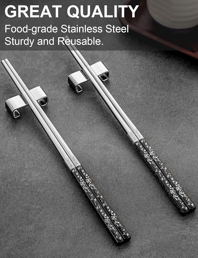 Metal Reusable Chopsticks 2 Pairs Titanium Plated Stainless Steel Chopsticks with Holder, Dishwasher Safe Non-Slip Japanese Style Chop Sticks Present Set (Black Silver)