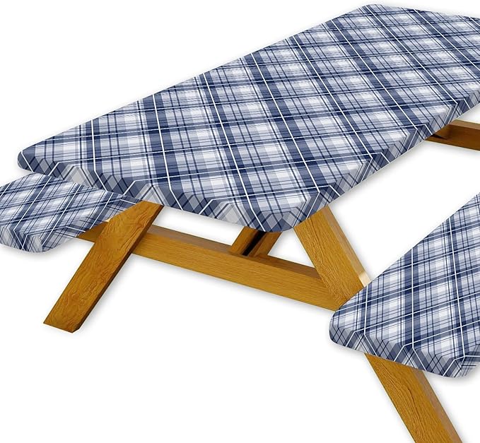 DYNH 3 Pcs Picnic Table Cover with Bench Covers, Waterproof Reusable Elastic Fitted Rectangle Picnic Table Cloths,30x60IN Blue Plaid Picnic Tablecloth for Camping Patio Travel Outdoor
