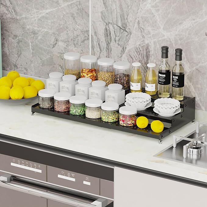 Expandable Spice Rack organizer with 3-Tier step shelf,Modern Design heavy duty,Non Skid and Visibility ,Great for Kitchen Cabinet,Bathroom,dressing table,Cupboard, Pantry and more(2PACKS/BLACK)
