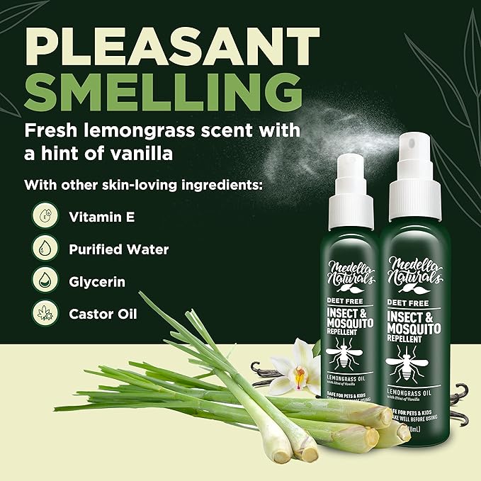 Deet-Free Insect & Mosquito Repellent Pack of 2 (4 oz) – Nice Smelling Insect Repellent with Lemongrass Oil Safe for Pets and Kids – Bug Spray Against Mosquitoes, Gnats, Black Flies, and No-See-ums