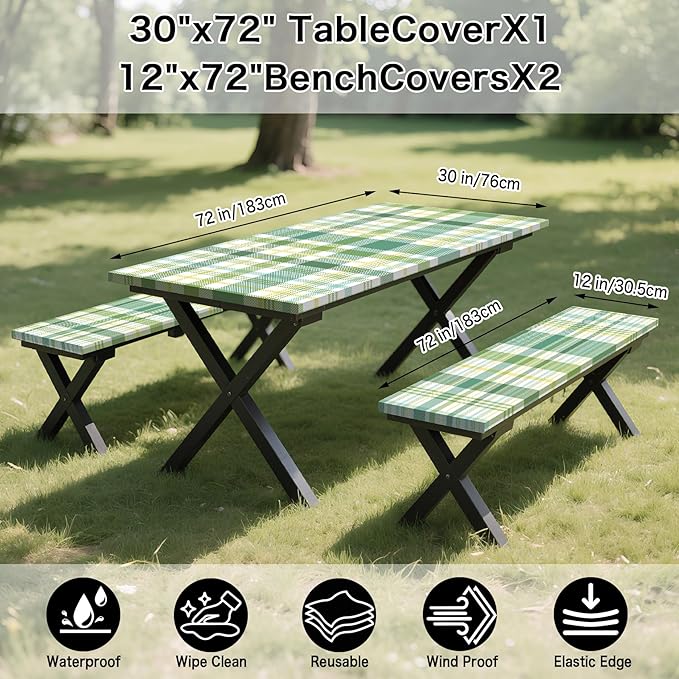 Green Picnic Table Cover with Bench Covers, 3 Pcs Waterproof Elastic Picnic Table Cover Outdoor Camping Essentials, Windproof Fitted Tablecloth for Indoor Outdoor (Plaid, 60X30 Inch)