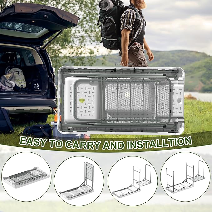 Dragosum Fish Cleaning Table, Portable Folding Camping Table with Folding Grill Extension Board, Fish Cleaning Station with Dual Sinks, Hose Hook Up