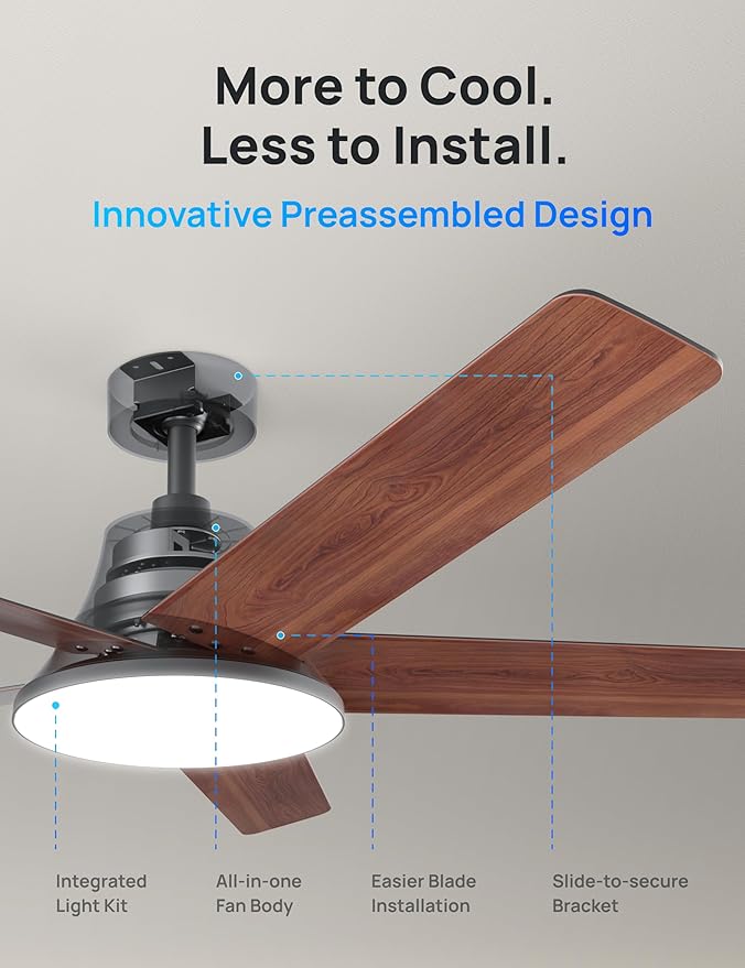 Dreo Ceiling Fans with Lights, 52 Inch, 6 Speeds, 5 Color Tones Dimmable LED, Quiet Reversible DC Motor, Remote, 8H Timer, Black Ceiling Fan for Bedroom, Living Room, Easy to Install