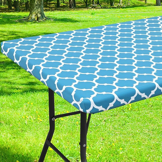 Smiry Rectangle Picnic Table Cover, Waterproof Elastic Fitted Camping Tablecloths for 5 Foot Tables, Wipeable Flannel Backed Vinyl Tablecloth Protector for Indoor, Outdoor (Light Blue, 30x60 Inches)