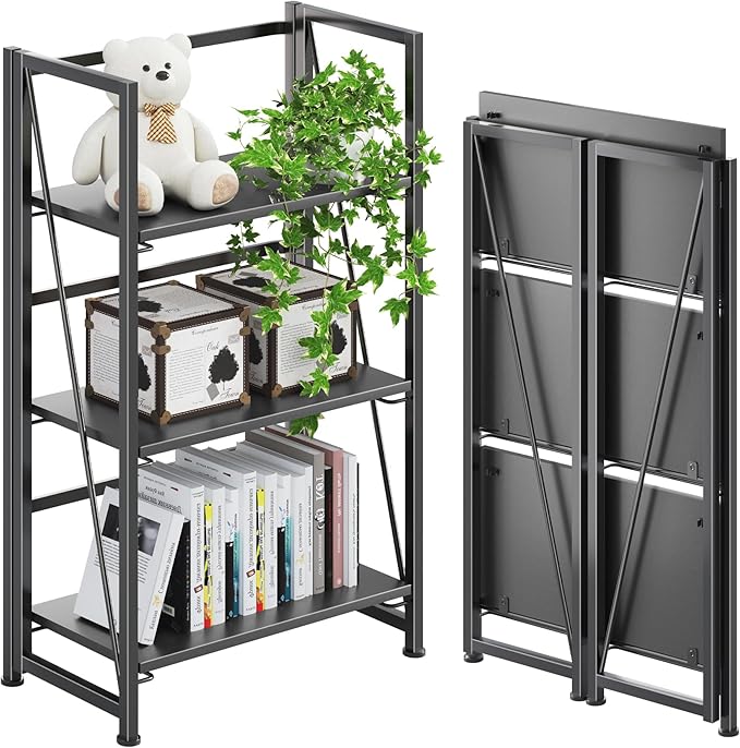 4NM No-Assembly Folding Bookshelf Storage Shelves 3 Tiers Vintage Bookcase Standing Racks Study Organizer Home Office (All Black)
