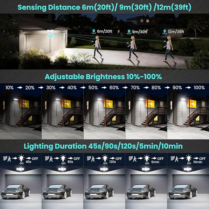 MEIKEE 100W Motion Sensor Flood Lights Outdoor, 9600lm 6500K LED Sensor Security Lights, IP66 Waterproof, 3 Adjustable Heads Motion Detected Flood Lighting for Garage, Yard, Porch
