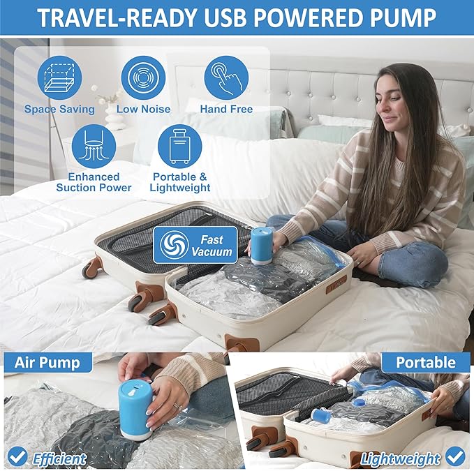 Cozy Essential Travel Vacuum Bags with Electric Pump, 10 Pack Vacuum Travel Bags for Luggage and Suitcase, Vacuum Seal Space Saver Compression for Clothes Clothing