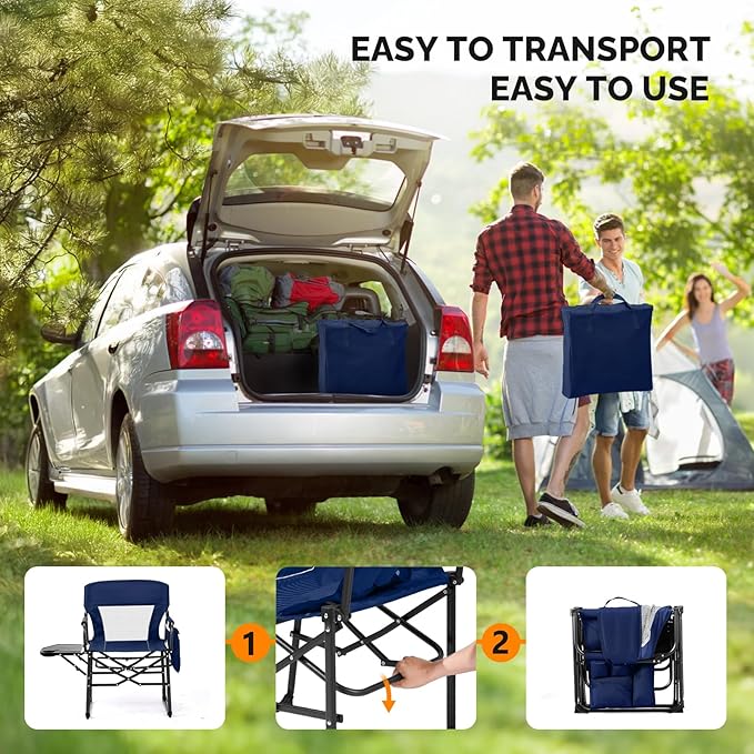VINGLI Camping Chairs, Directors Chair, Camping Chair with Side Table & Carry Bag，Heavy Duty Camping Chairs for Adults, Portable Folding Camping Chair, Pocket for Beach, Fishing,Trip,Picnic,Lawn-Blue