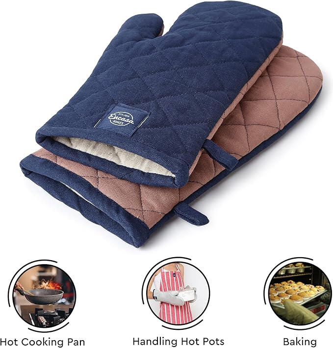 Encasa Heat Resistant Cotton Oven Gloves Mitts (2 Pc Set) - Quilted & Safe 12x7 in - for Kitchen, Cooking & Baking, Grilling, Handling Hot Pots & Pans - Scotch Blue