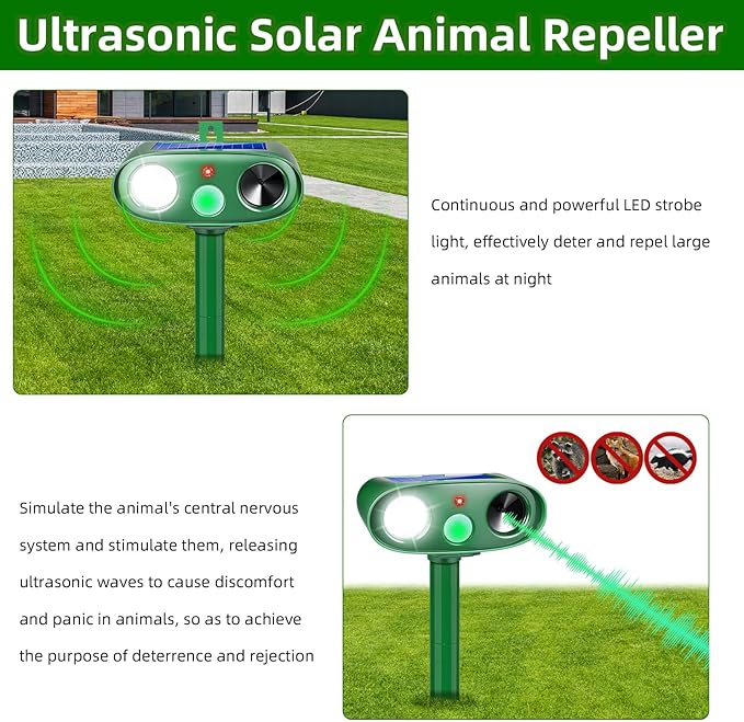 2025 4Pack Solar Ultrasonic Animal Repellent Outdoor Deer Repellent Devices with Motion Detection&Flash Lights,Waterproof Squirrel Skunk Raccoon Dog Cat Deterrent for Yard Patio Farm Garden