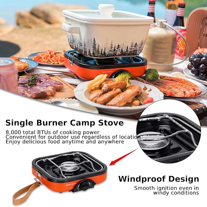 BakerStone Camping Stove, Outdoor Portable Propane Gas Stove with 8000 BTU, Single Burner Camp Stove with Cooking Grate, Wooden Tray, Inlet Gas Regulator and Pipe