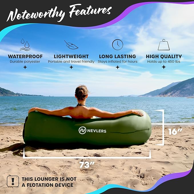Nevlers Inflatable Lounger | 210T Polyester Inflatable Chair | No-Pump Blow Up Couch | Camping Couch Air Sofa Bed w/ 450 lbs. Cap., Pockets & Matching Bag | Use as Inflatable Couch for Adults & Kids