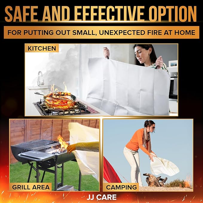 JJ CARE Fire Blanket – 2 Packs with Hooks – Emergency Fire Blanket for Home & Kitchen, High Heat Resistant Fire Suppression Blankets for Home Safety, Kitchen, and Camping