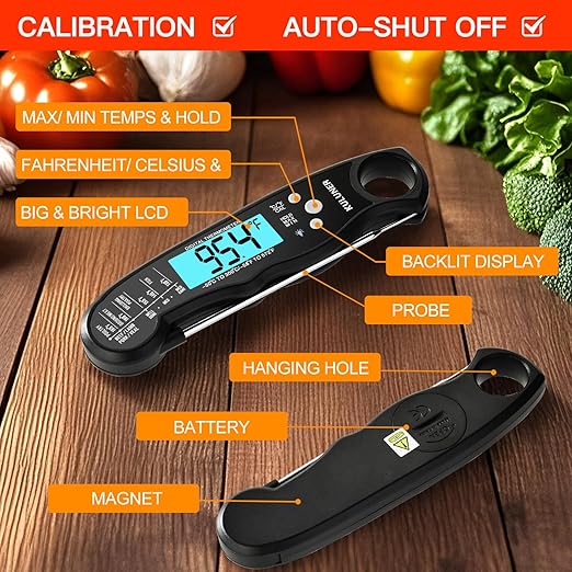 TP-01 Waterproof Digital Instant Read Meat Thermometer with 4.6 Folding Probe Backlight Calibration Function for Cooking Food Candy, BBQ Grill, Liquids,Beef(Black)