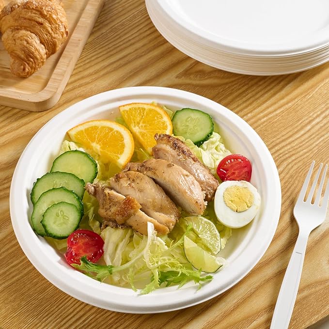 Vplus 150 Pack Paper Plates 9 inch 100% Compostable, Heavy-Duty Disposable Paper Plates Bagasse Natural Biodegradable Eco-Friendly Sugarcane（White）