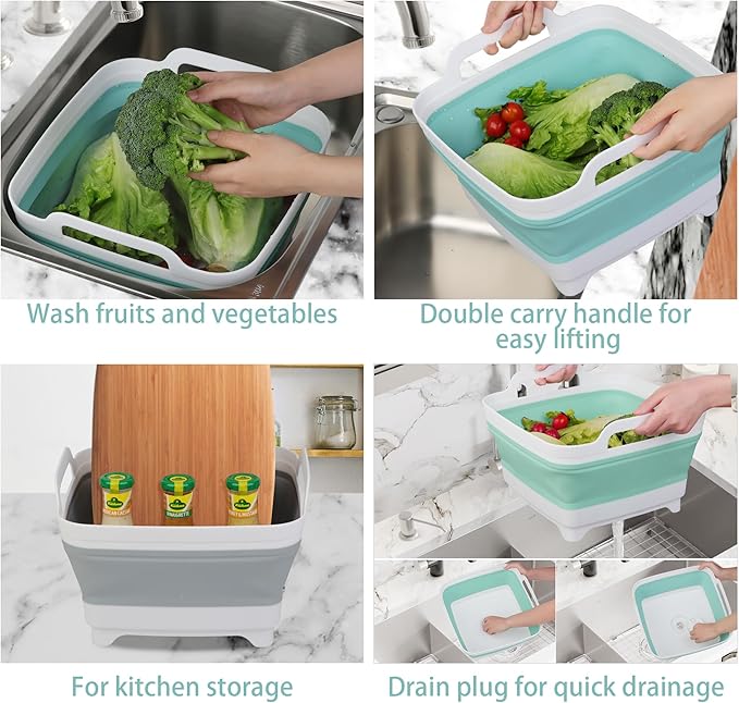 2 Pack Dishpan for Washing Dishes, 2.4Gal/9L Wash Basin with Draining Plug Carry Handles, Collapsible Bucket for Cleaning, Portable Sink, Foldable Plastic Tub